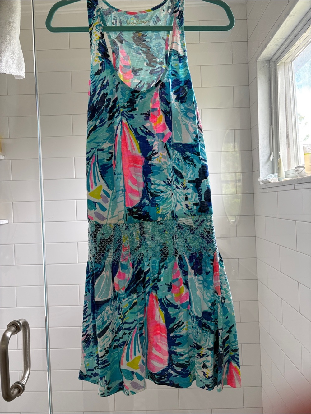 Lilly Pulitzer Aqua Floral racer back dress with Pink & Navy Accents